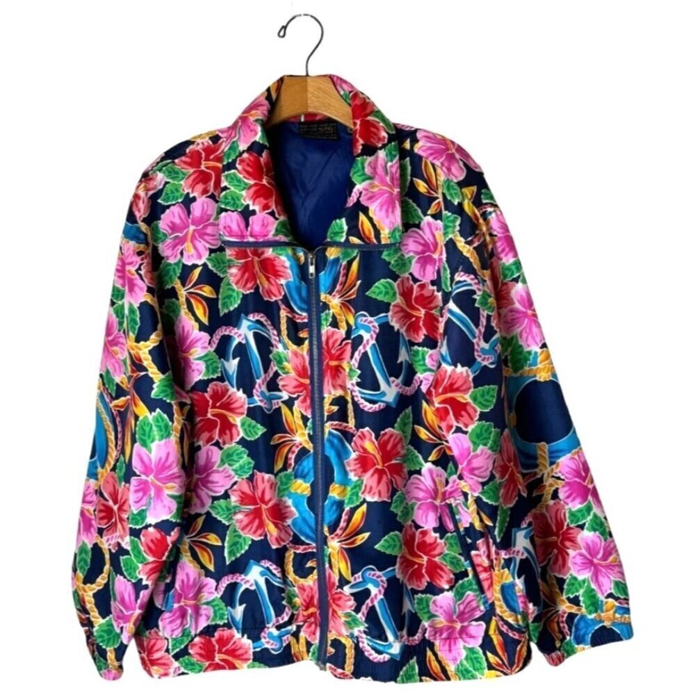 Mureli Jacket Women Large Navy Pink Floral‎ Print Silk Vintage Bomber Coat Retro